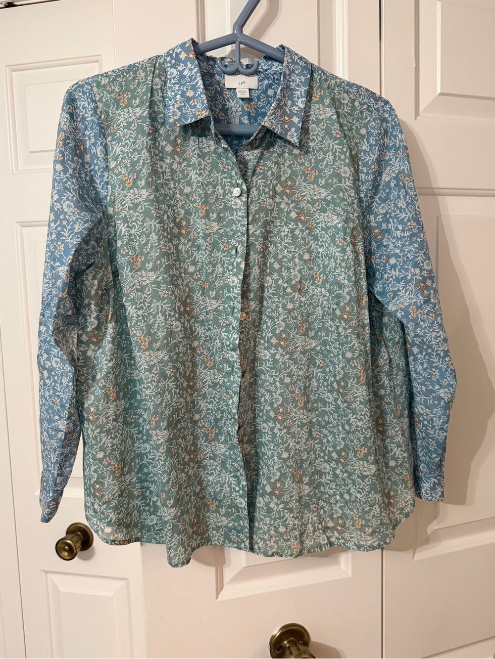 J. Jill Two-Tone Floral Button-Down Shirt in Seafoam Green and Light Blue